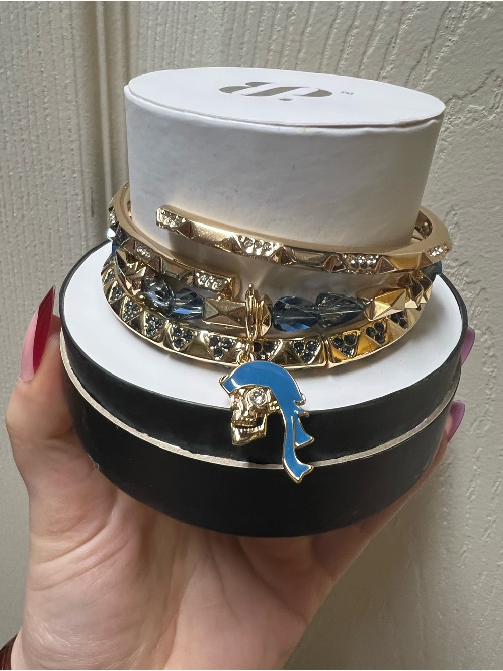 Gold Tone Blue Charm Stackable Bracelet Set